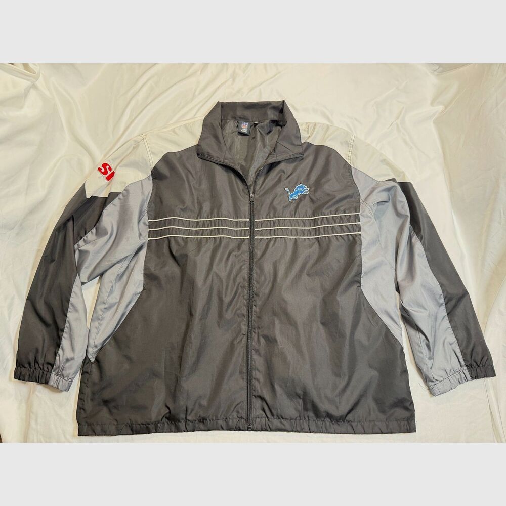 Reebok NFL Detroit Lions Windbreaker Jacket Gray Black Men’s 2XL SI